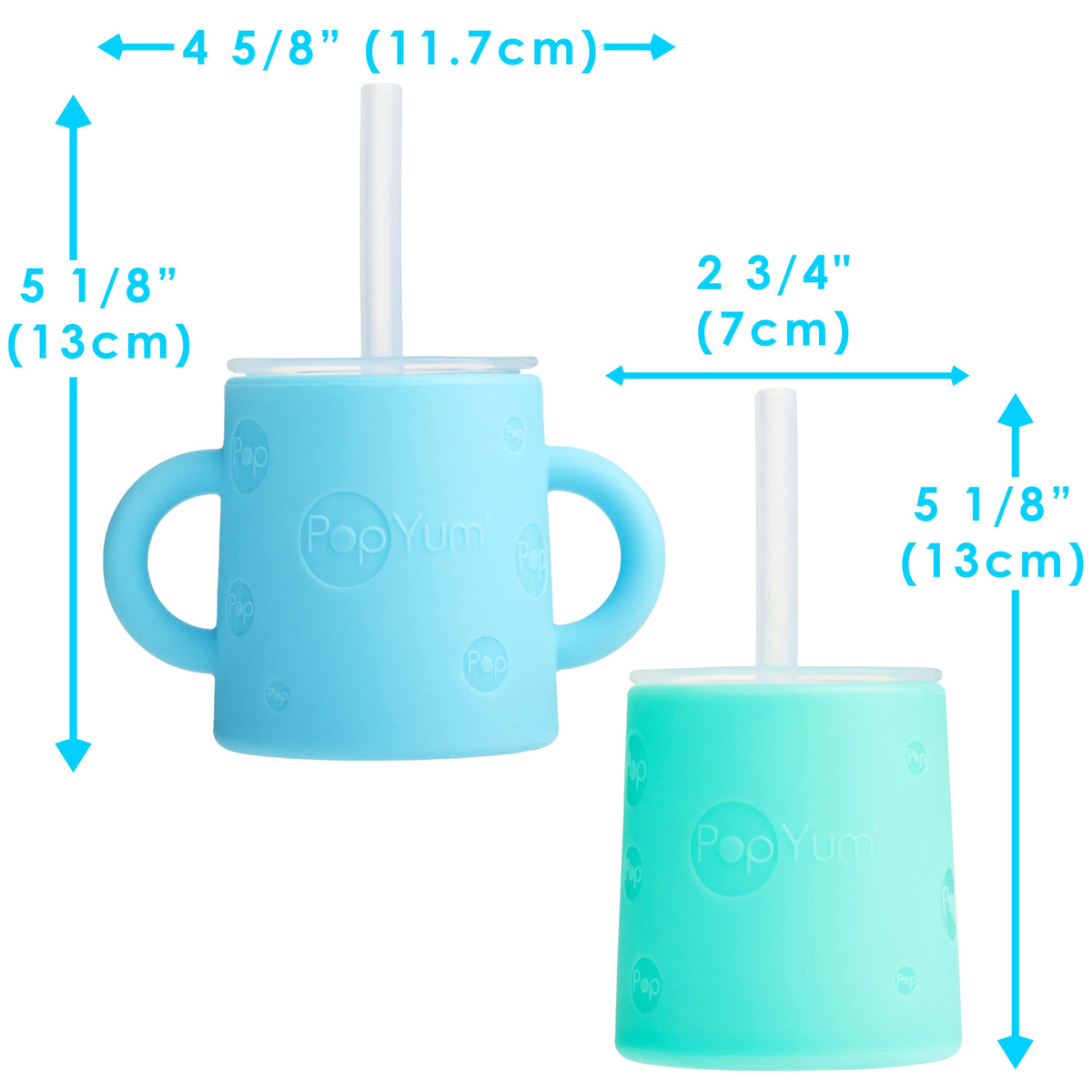 PopYum Silicone Training Cup with Straw Lid, 2-Pack for Baby, Infant and Toddler, Tumbler, Sippy, handles, 5 ounce (blue, green)
