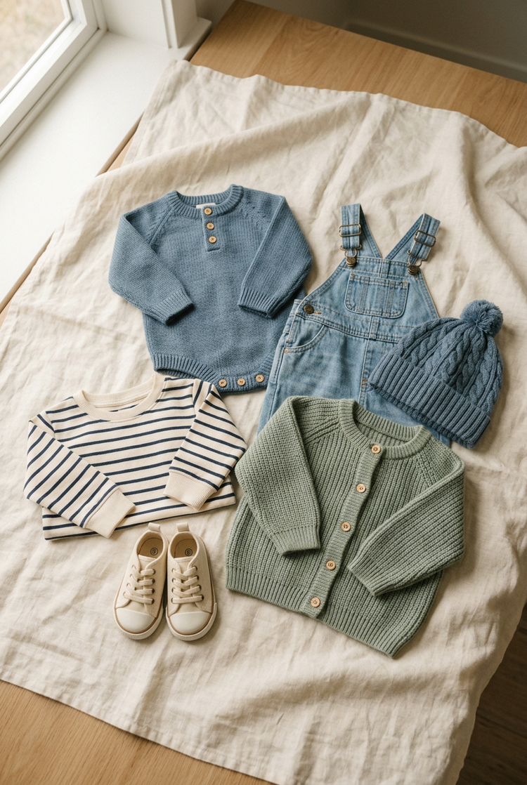 Baby boy clothing in soft blues and greens