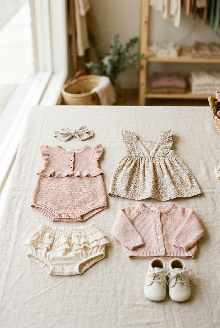 Baby girl clothing in soft pinks and florals